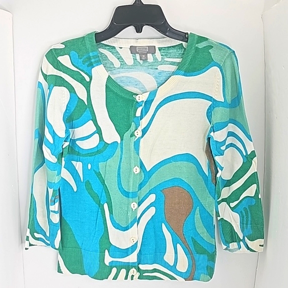 Merona Sweaters - Merona Woman Cardigan, Size Medium, Color turquoise, white, green, brown